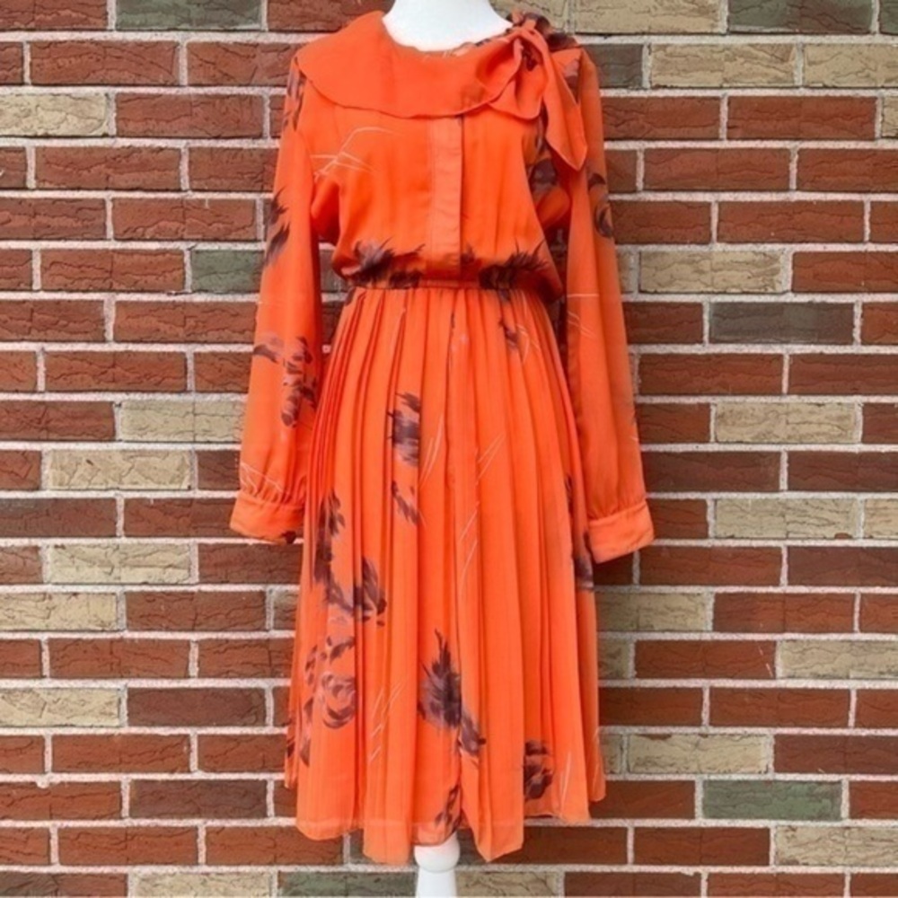 J. Peterman Vintage Pleated Sheer Floral Orange Gray White Long Sleeve Dress 👗